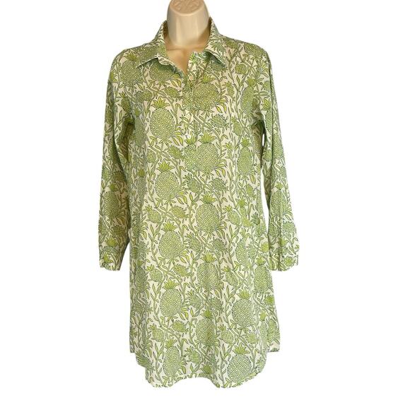 Roberta Roller Rabbit Pineapple Print Long Sleeve Collared Dress Green White XS - Picture 1 of 6